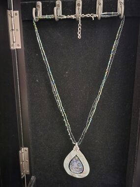 Iridescent Teardrop Pendant Necklace with Beaded Chain - Women Jewelry